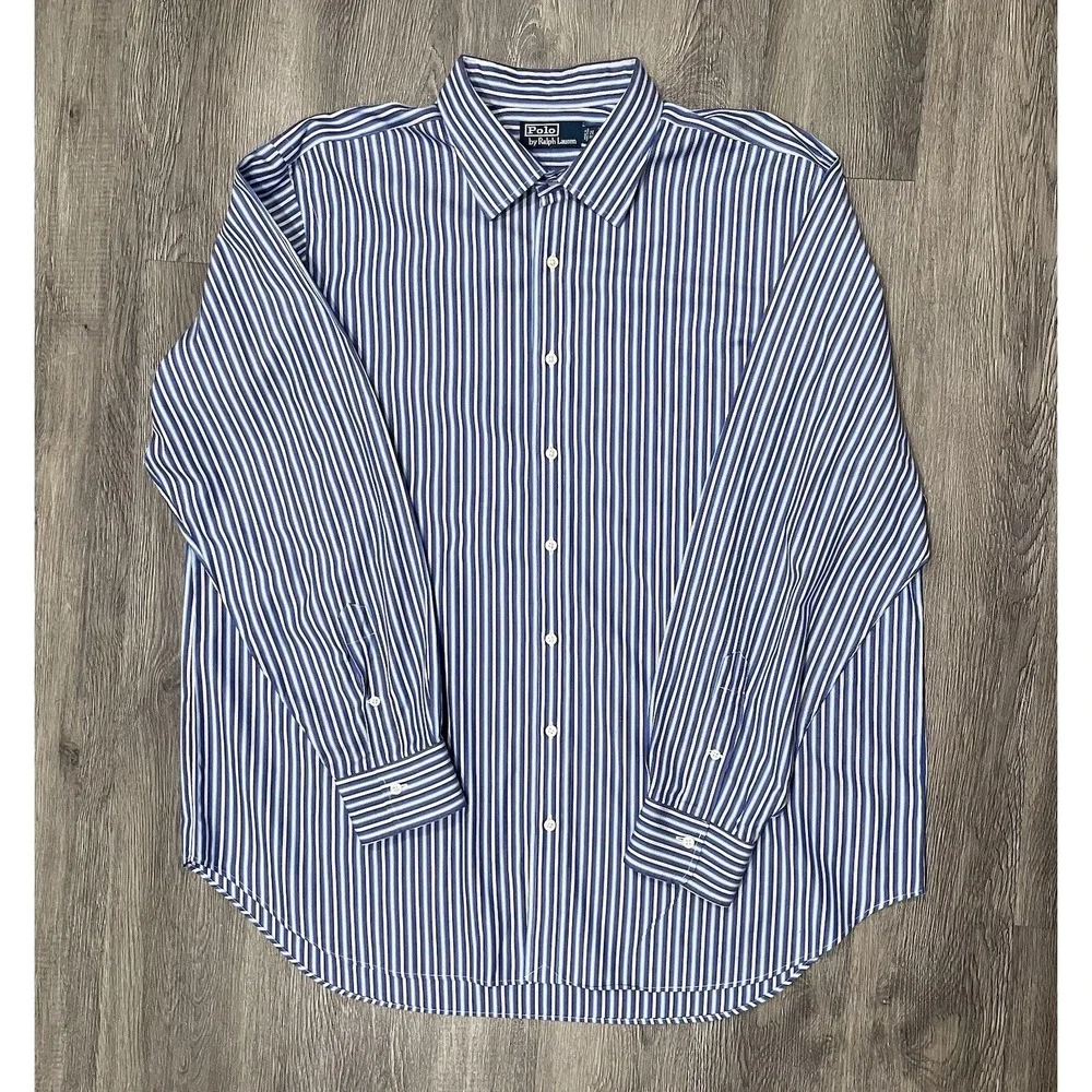 VTG Polo Ralph Lauren Shirt Men's 2XB Big Striped Blue Purple Long Sleeve Cotton